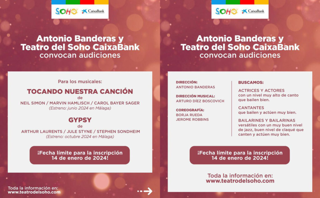 Antonio Banderas Plaatst Oproep voor Audities in CaixaBank Soho Theater voor Broadway Musicals